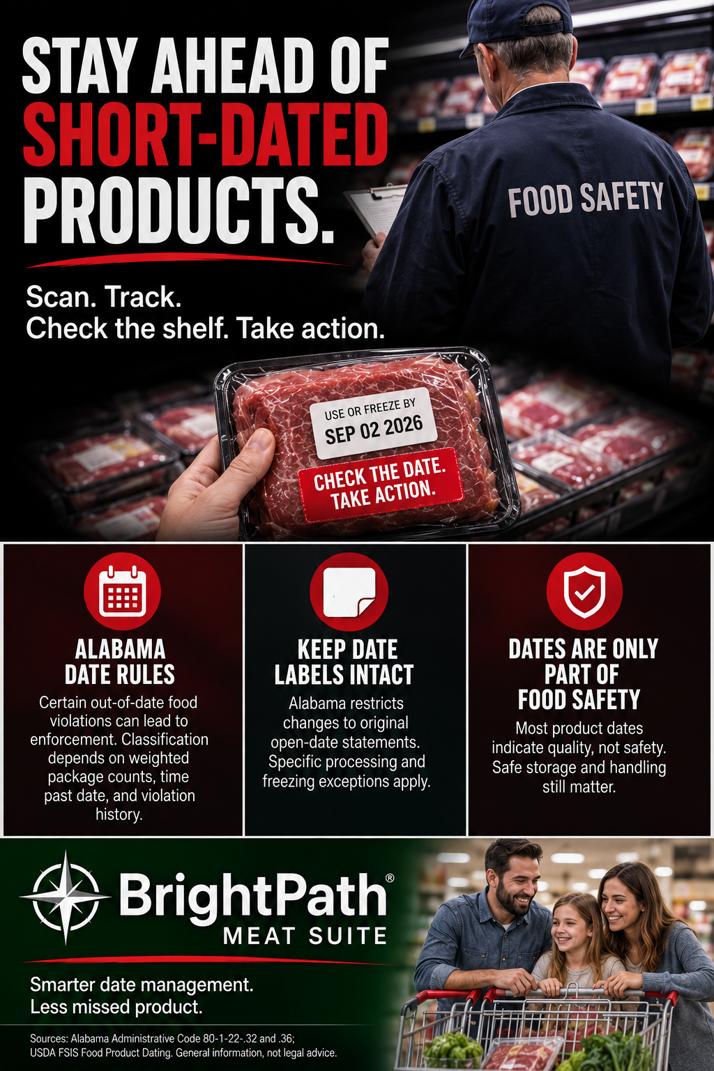 Alabama date guidance: enforcement depends on weighted package counts, time past date and violation history. Date alteration restrictions have specific exceptions.