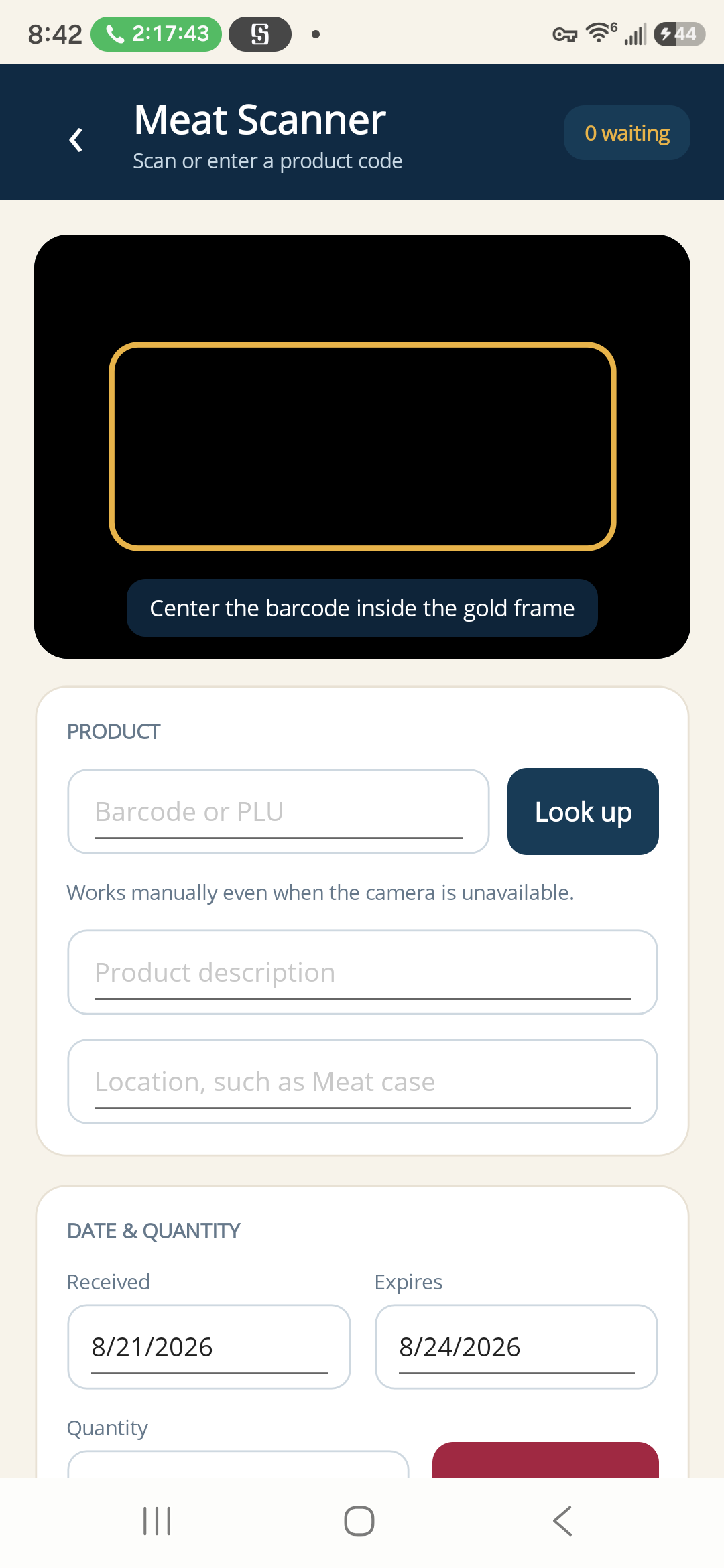 BrightPath Meat Scanner Android barcode and expiration capture screen