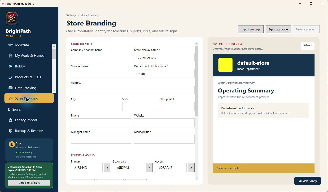 Meat Suite Store Branding screen and live branded output preview