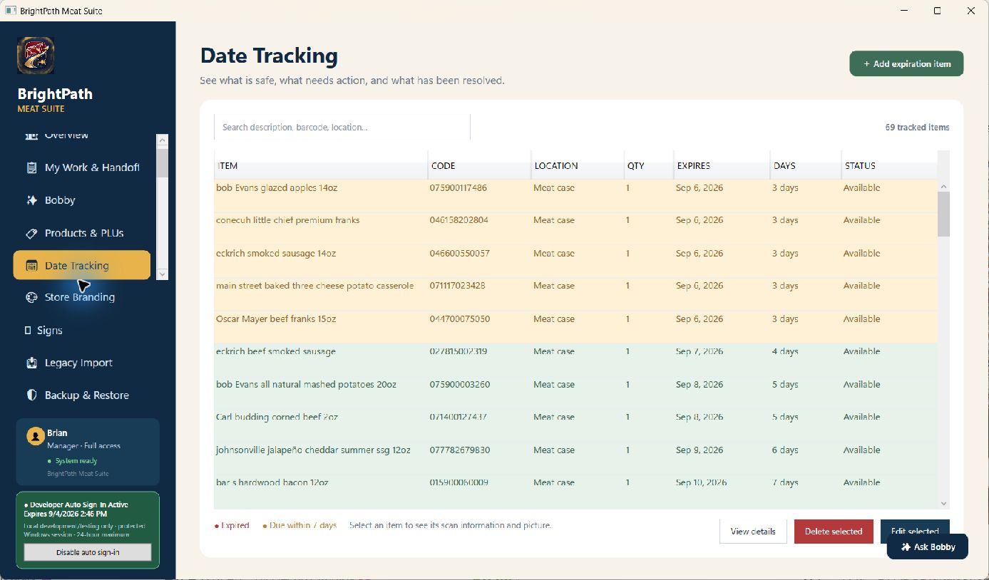 BrightPath Meat Suite Date Tracking screen with close-dated products and urgency colors