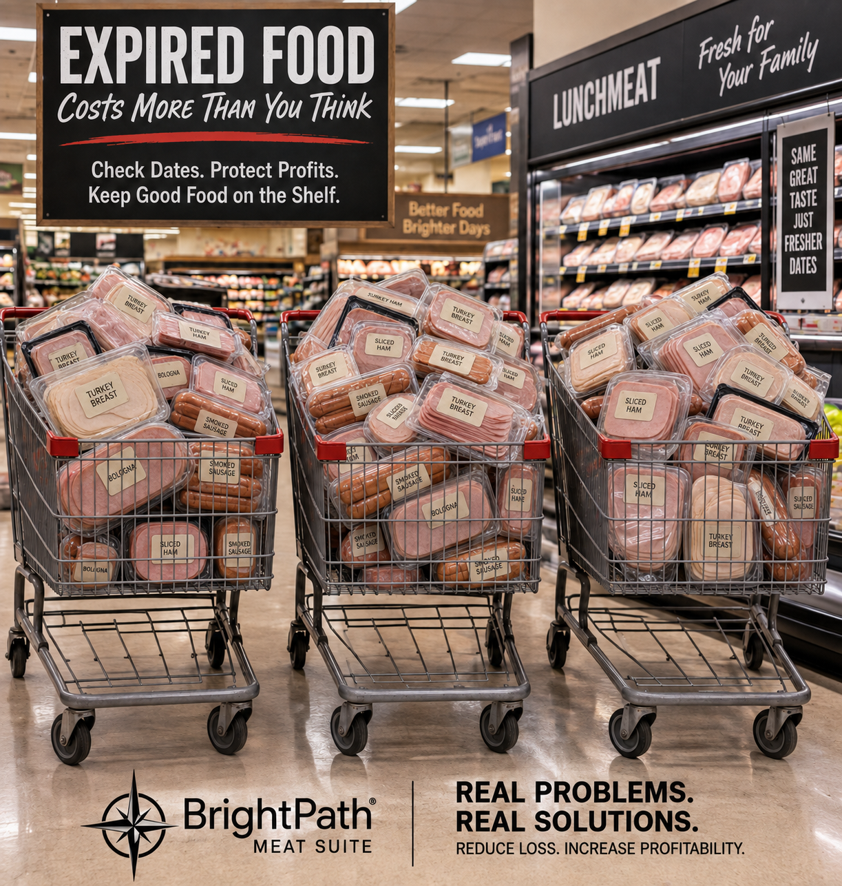AI-generated BrightPath campaign artwork showing three shopping carts full of generic, unbranded meat packages: Expired food costs more than you think. Check dates. Protect profits.